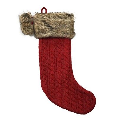 20" Cable Knit Christmas Stocking with Faux Fur Cuff & Pompoms Red - Wondershop™ | Target