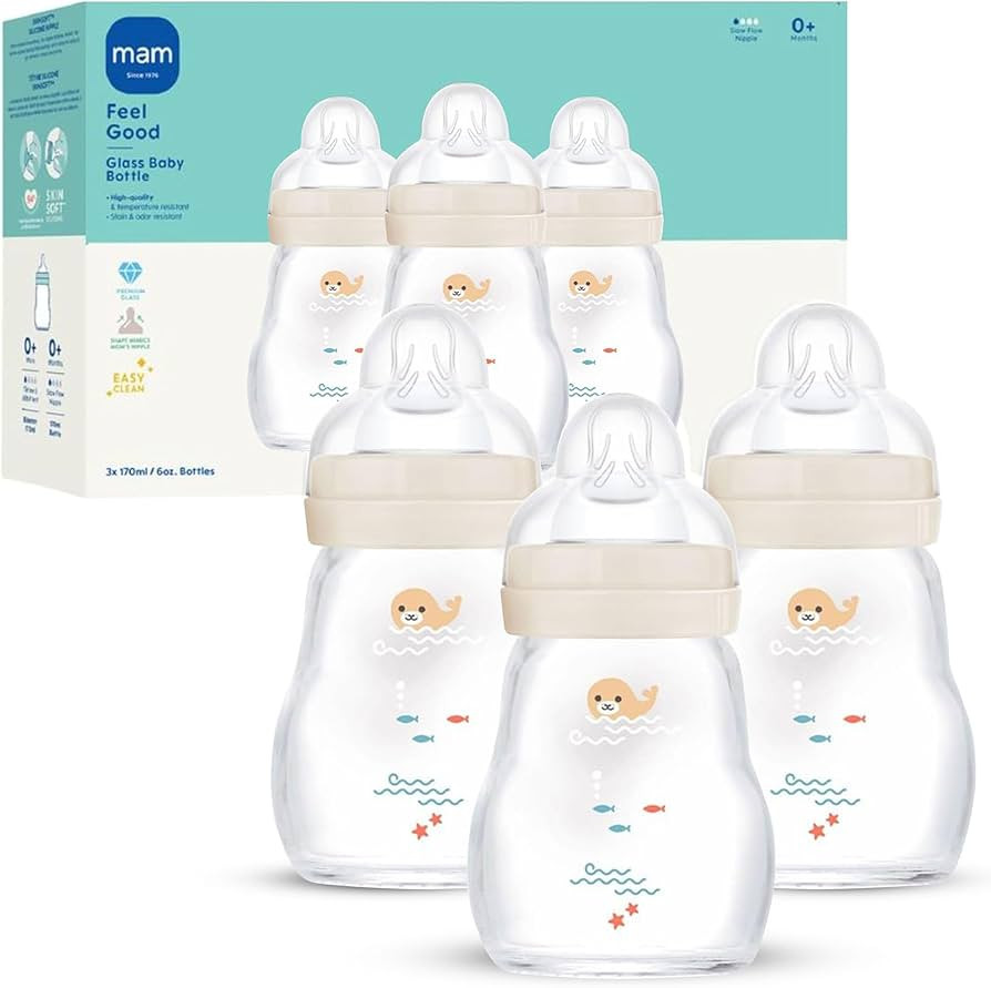 MAM 6oz Feel Good Pure Glass Anti-Colic Wide Neck Baby Bottle, Slow Flow Skin Soft Silicone Nippl... | Amazon (US)