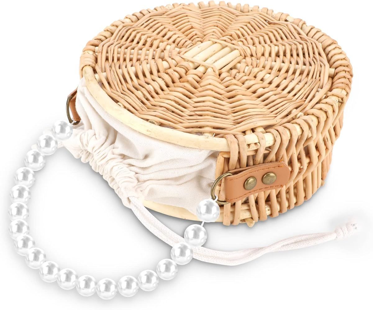 Round Rattan Bag, welltop Beach Rattan Bag, Pearl Chain Bali Rattan Round Bag Straw Rattan Bag... | Amazon (US)