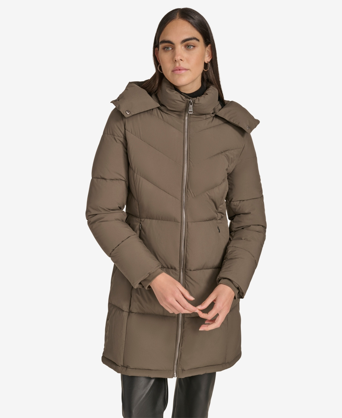 Calvin Klein Women's Hooded Stand Collar Puffer Coat - Twig | Macy's