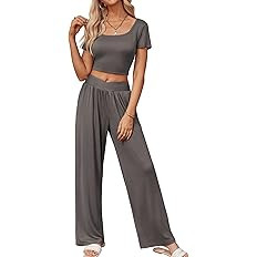 Ekouaer Summer Outfits for Women 2 Piece Lounge Sets Comfy Square Neck Short Sleeve Wide Leg Pant... | Amazon (US)