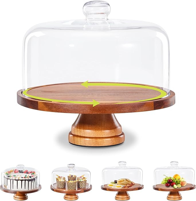 Yangbaga Glass Cake Stand with Lid,11in Wooden Rotating Cake Stand with Dome Cover, Cake Plate Di... | Amazon (US)
