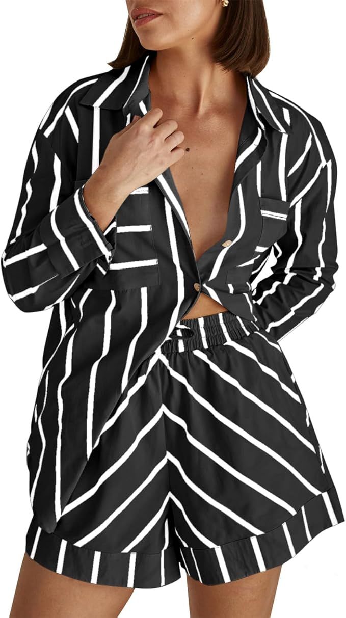 Women's Striped 2 Piece Outfits Casual Oversized Button Down Shirts and Short Lounge Pajamas Set | Amazon (US)