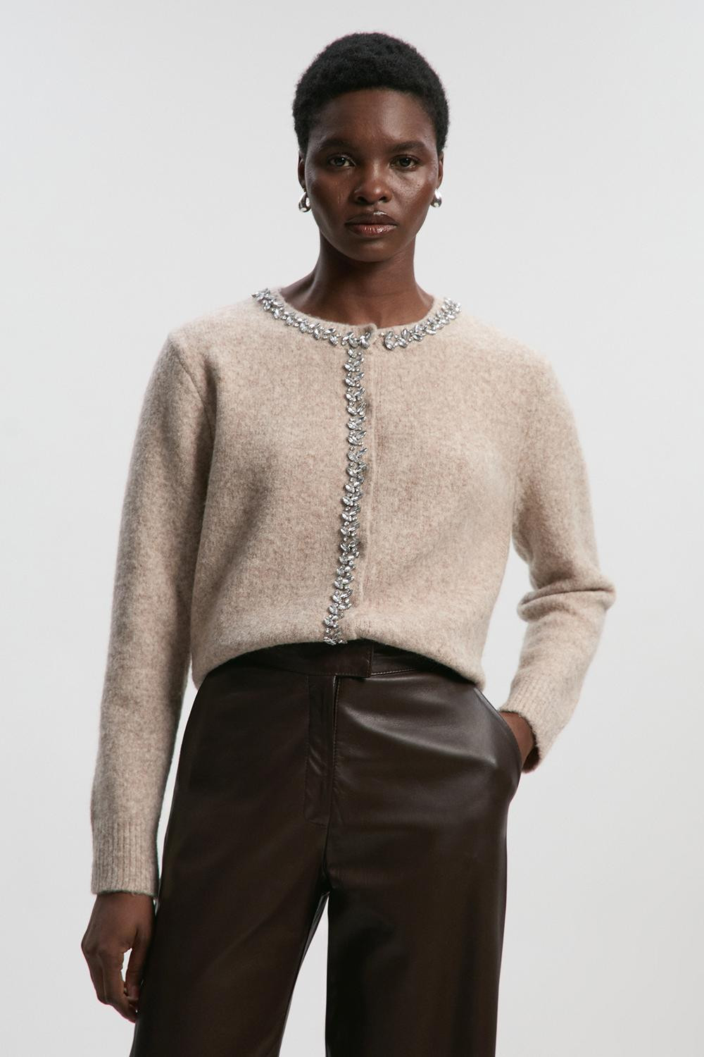 Embellished Trim Cosy Knit Cardigan | Karen Millen US