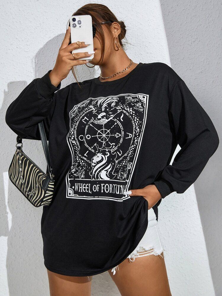 Plus Lion & Letter Graphic Drop Shoulder Sweatshirt | SHEIN