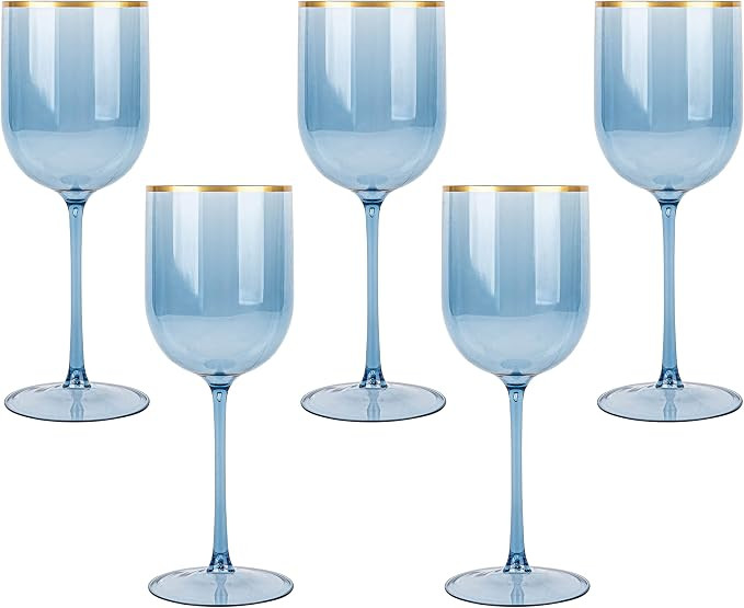 PLASTICPRO Blue Wine Cup with Gold rim Plastic Wine Glasses Set of 5 Elegant Wine Goblets Hard Pl... | Amazon (US)
