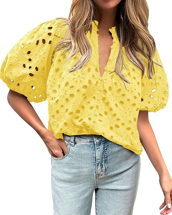 BTFBM Womens Casual Summer Blouse 2025 Hollow Out Eyelet Embroidery Tops V Neck Buttons Puff Shor... | Amazon (US)
