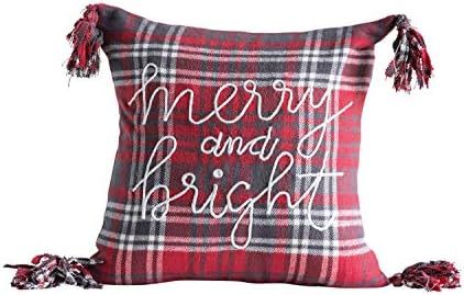 Creative Co-Op 18" Square Cotton Plaid Embroidered Merry and Bright & Corner Tassels Pillow, Red | Amazon (US)