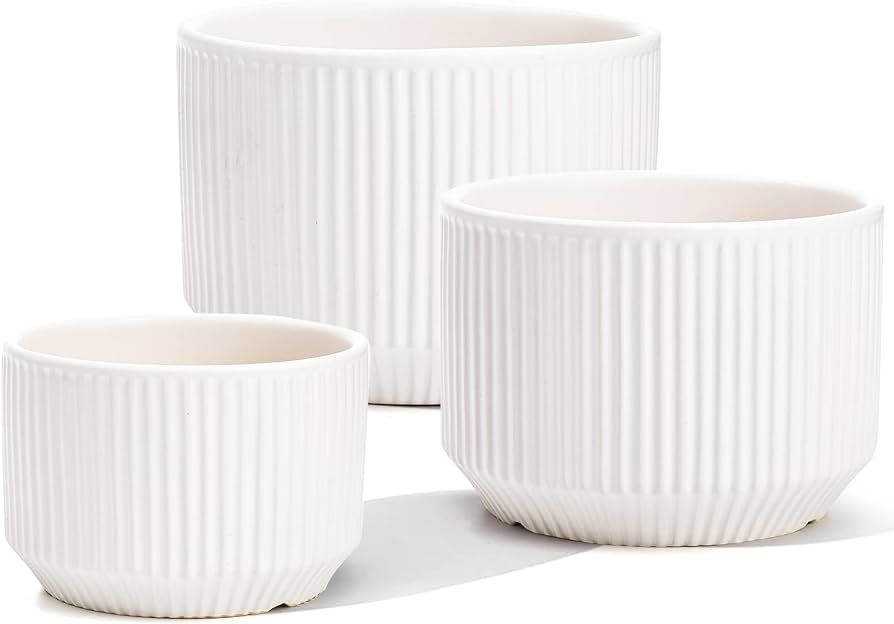 Youeon Set of 3 White Ceramic Planter 5/6.5/8.2 Inch Vertical Striped Plant Pot Ceramic Flower Po... | Amazon (US)