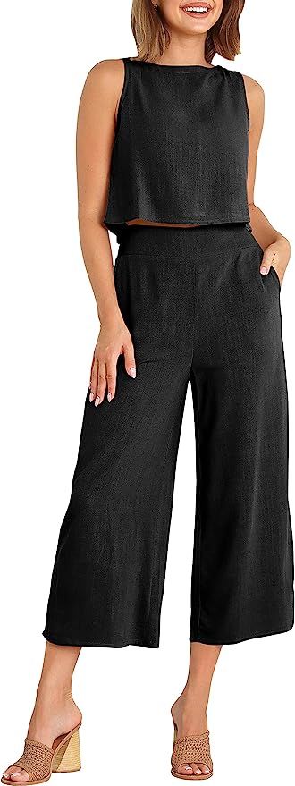 Prinbara Women's Summer Casual 2 Piece Outfits Round Neck Crop Basic Top Cropped Wide Leg Pants J... | Amazon (US)
