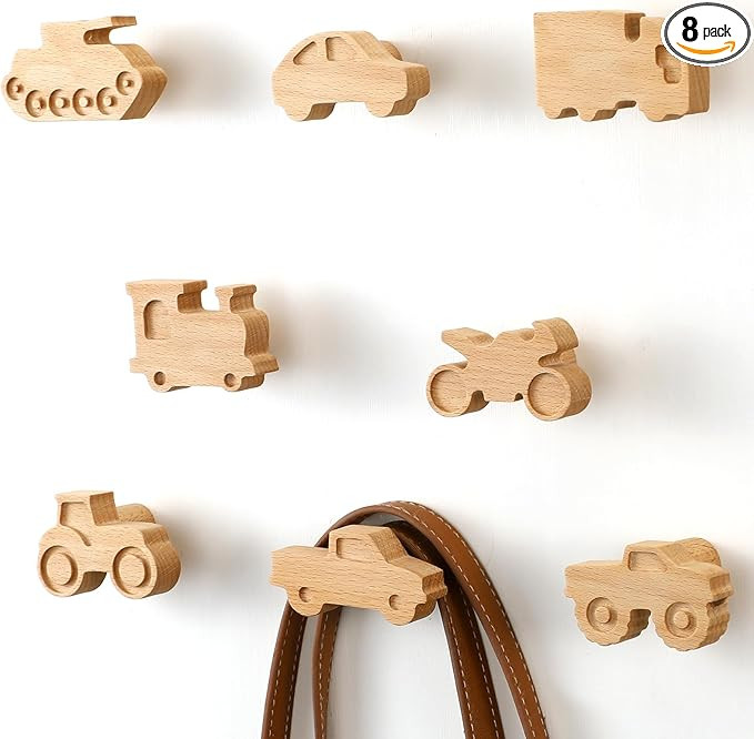 8 Pack Kids Coat Hooks Wall Mount Car Shaped Wooden Coat Rack for Kids Room Nursery Wood Wall Hoo... | Amazon (US)