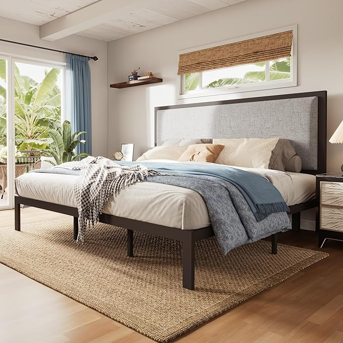 WEEWAY Metal King Size Bed Frame with Tall Headboard, King Bed Frame and Grey Upholstered Headboa... | Amazon (US)