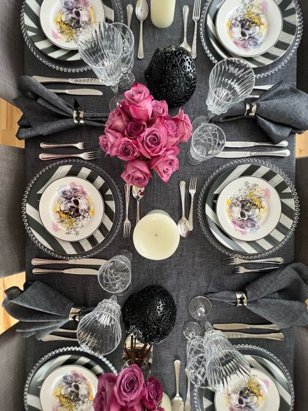 Fancy yet spooky Halloween tablescape. Keep the elegance with the charcoal linens and striped dishes (they can be replaced by checkered or any other B&W pattern). Add  Halloween themed  salad plates and bats stickers. Boom your Halloween diner party is ready 👻

#LTKhome #LTKHalloween #LTKSeasonal