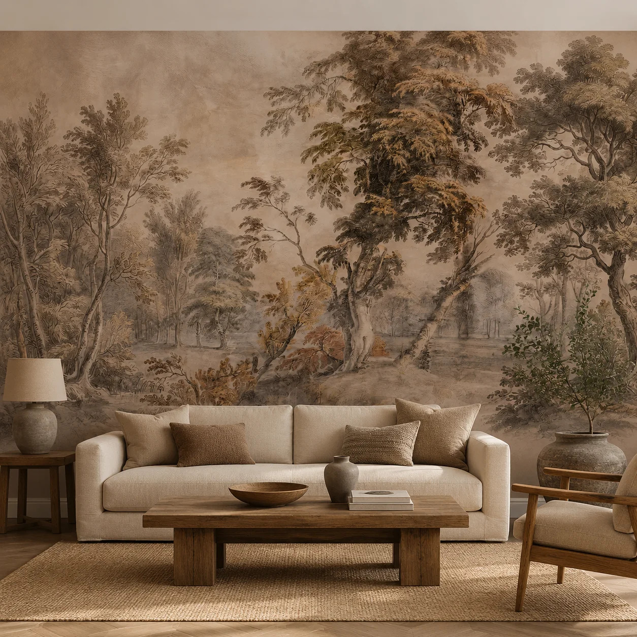 Vintage Woodland Landscape Wallpaper Mural in Sepia and Taupe | Wayfair North America