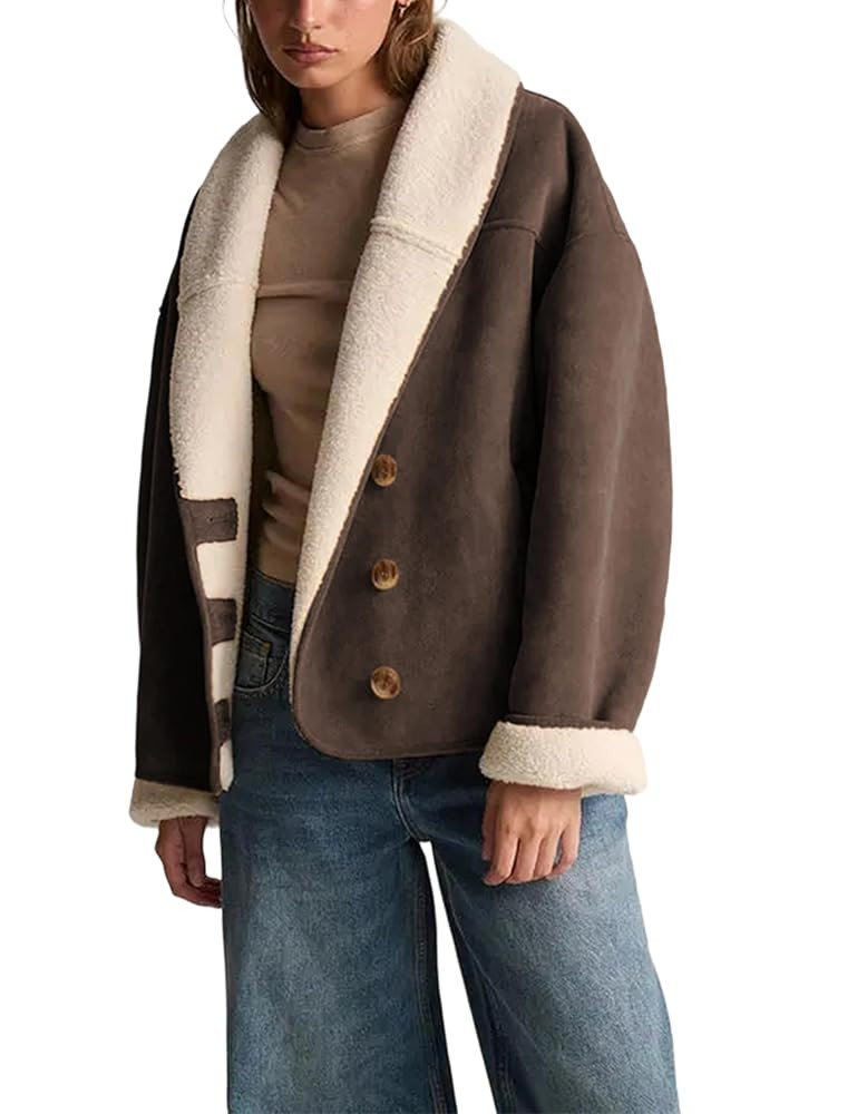 Yeokou Women Suede Jacket Sherpa Lined Casual Button Down Coat Baggy Lapel Warm Winter Outwear wi... | Amazon (US)