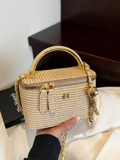 1pc New Minimalist Casual Versatile Woven Straw Lunch Box Bag, Chain Strap Shoulder Crossbody Bag, Holiday Best Seller Small Shoulder Crossbody Bag | SHEIN