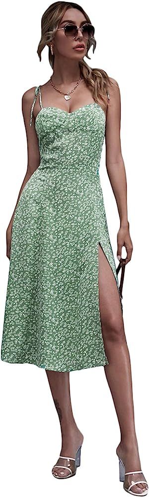 Floerns Women's Floral Print Tie Shoulder Split Hem Shirred Cami Midi Dress | Amazon (US)