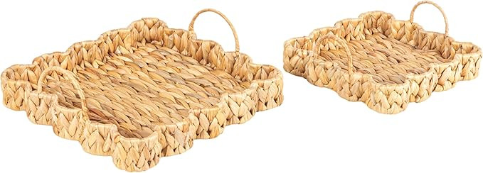 Household Essentials Woven Water Hyacinth Scalloped Square Trays, Set of 2, Natural | Amazon (US)