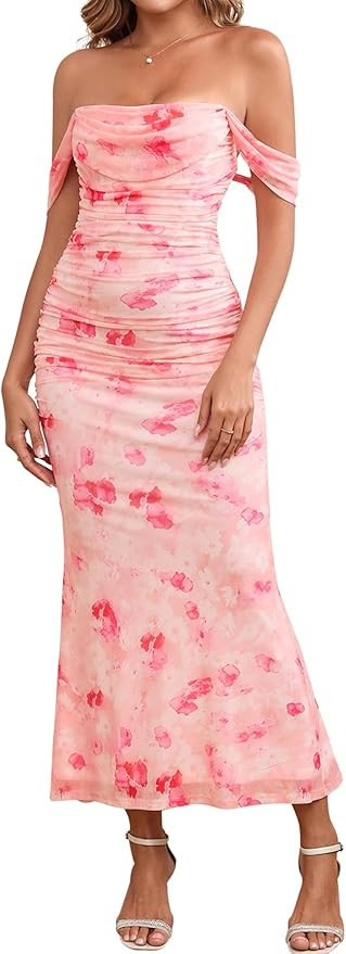KUTUMAI Off The Shoulder Maxi Long Dress Corset Ruched Bodycon Cocktail Formal Wedding Guest Dres... | Amazon (US)