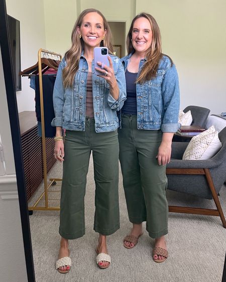 @oldnavy spring finds // green wide leg cropped pants (wearing size 2 and 14) with bodysuit (wearing XS and XL) and denim jacket 

#LTKshoecrush #LTKunder50 #LTKSeasonal