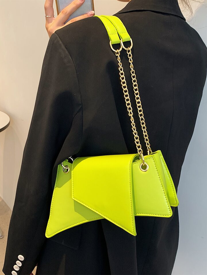 Neon Green Chain Novelty Bag Niche Stone Pattern Flap Underarm Bag PU Leather Textured Bag Purse ... | SHEIN