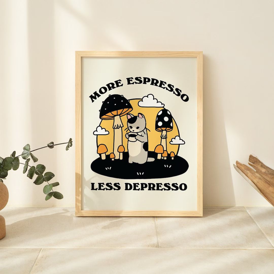 Retro Quote Wall Print, More Espresso Wall Decor, Coffee Art Print, Kitchen Wall Art, Retro Cat C... | Etsy (US)
