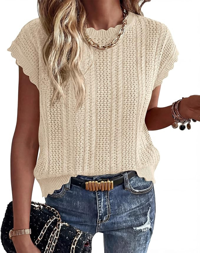 KIRUNDO Crochet Tops for Women 2026 Summer Casual Cap Sleeve Sweater Vest Cable Knit Pullover Tan... | Amazon (US)