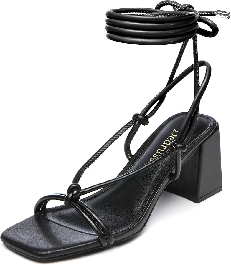 Dearuser Women's Lace Up Chunky Heels Sexy Strappy Square Open Toe Heels Sandals | Amazon (US)