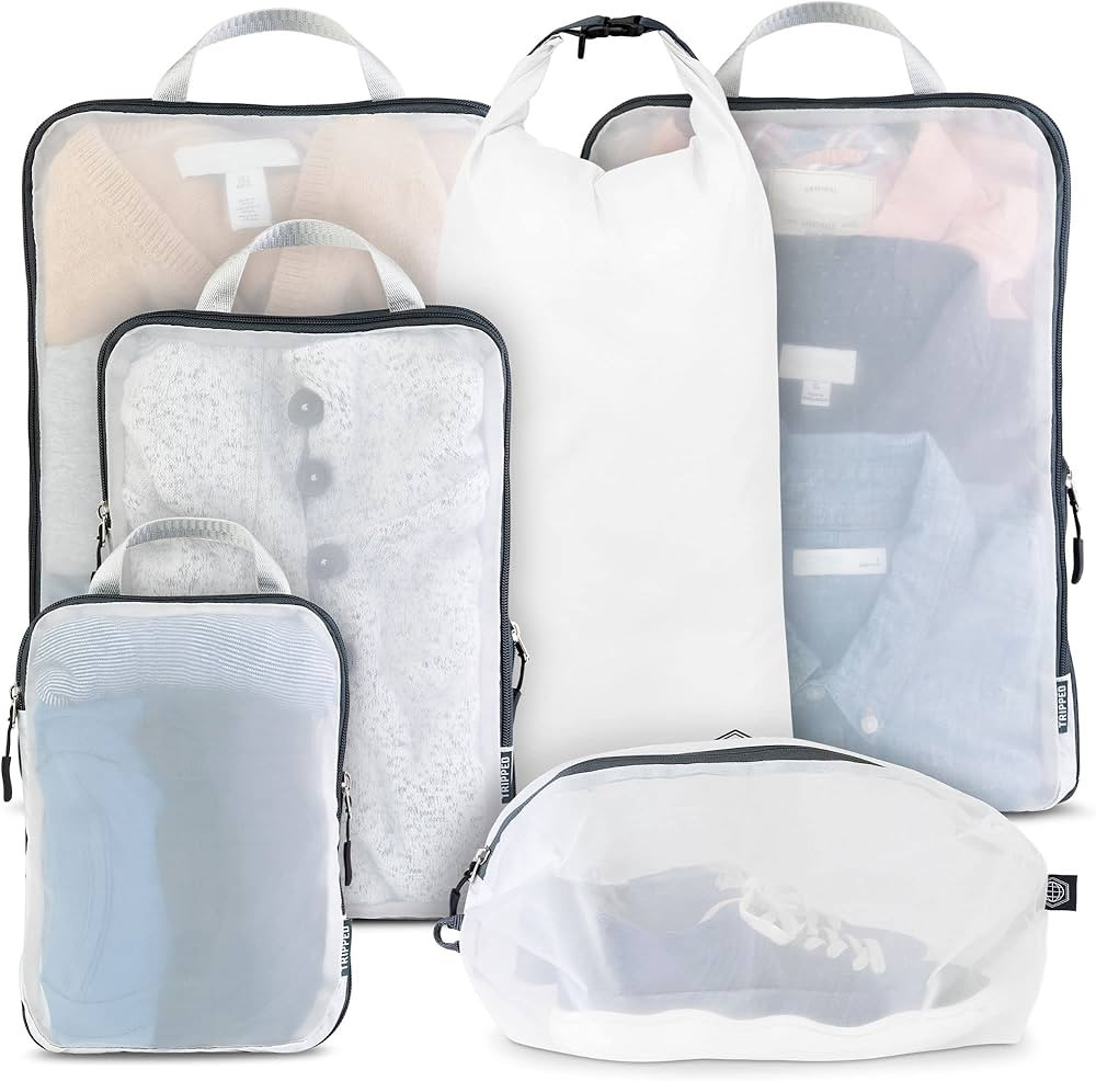 Large Packing Cube Set with See Through Mesh- Compression Packing Cubes Travel Organizers (White) | Amazon (US)