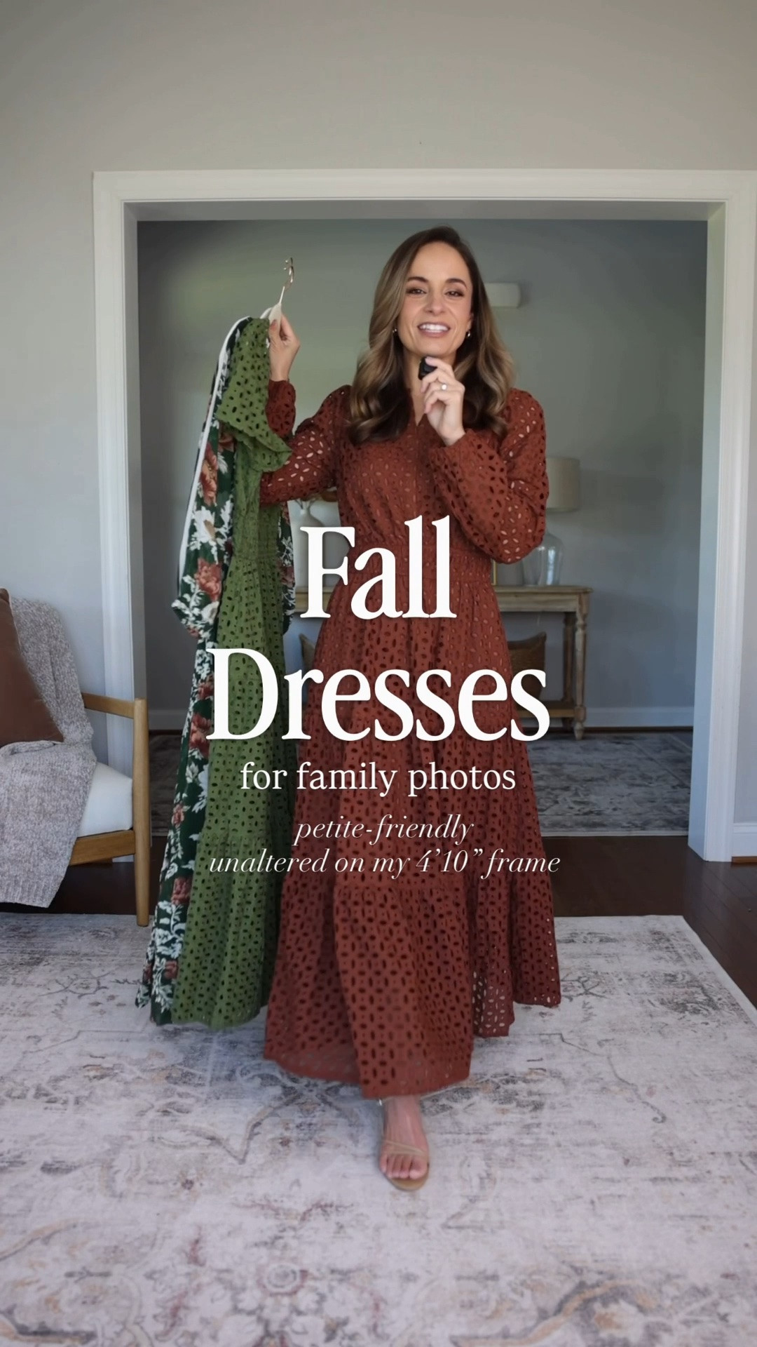 Fall family photo dresses for petites 

Brown dress (Amazon): xs 
Green dress (Amazon): xs 
Green floral (Anthropologie): petite xxs 
Shoes (Quince): true to size 

For size comparison, I’m 4’10” 105lbs. My measurements are 32”, 24”, 36”. I typically wear petite xxs/00/24 and have a 25” ankle inseam and a 27.5-28” full length inseam.

#LTKPetite