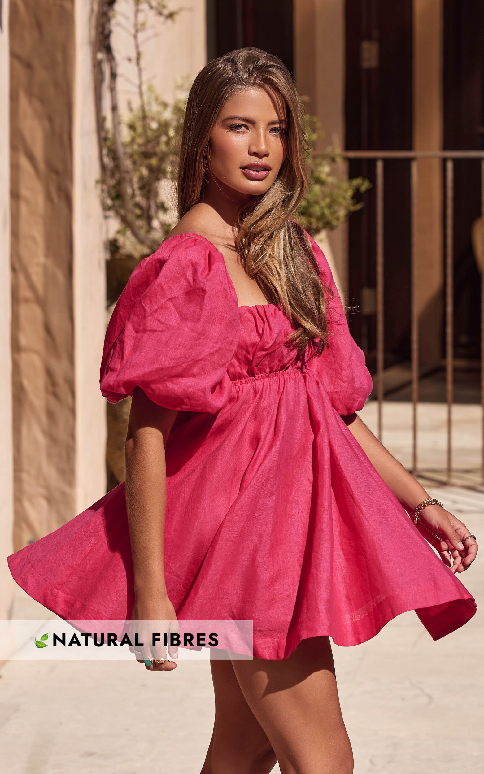 Amalie The Label - Hamyya Linen Tie Back Puff Sleeve Mini Dress in Magenta | Showpo (US, UK & Europe)