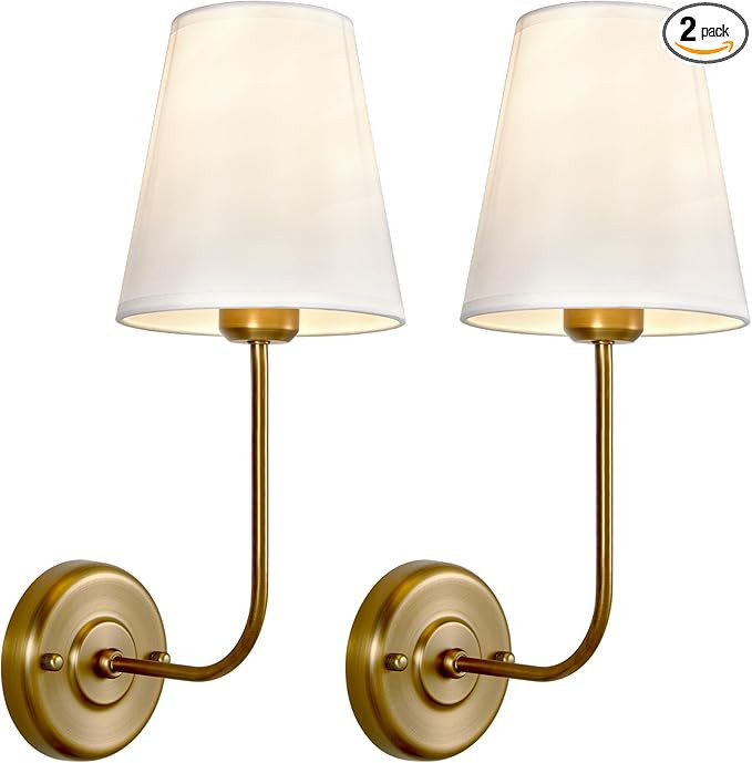 TERLEENART Fabric Wall Scone with Flared Shape White Textile Shade Curved Arm and Antique Brass F... | Amazon (US)
