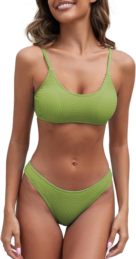 Fanuerg Women's Ribbed Bikini Sets Scoop Neck Cheeky Swimsuit Textured Two Piece Bathing Suit | Amazon (US)
