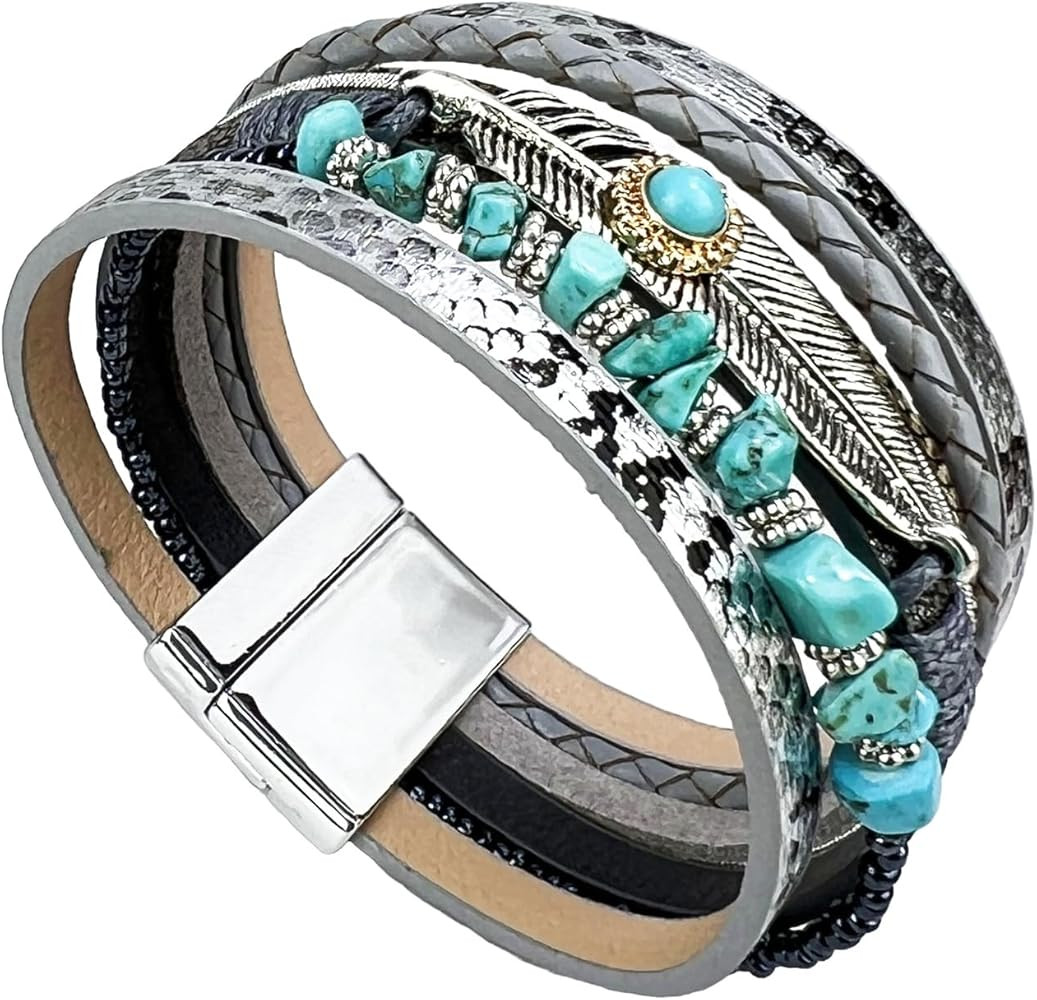 Turquoise Bracelet for Women, Boho Western Bracelet for Turquoise Jewelry, Leather Wrap Multi-Lay... | Amazon (US)