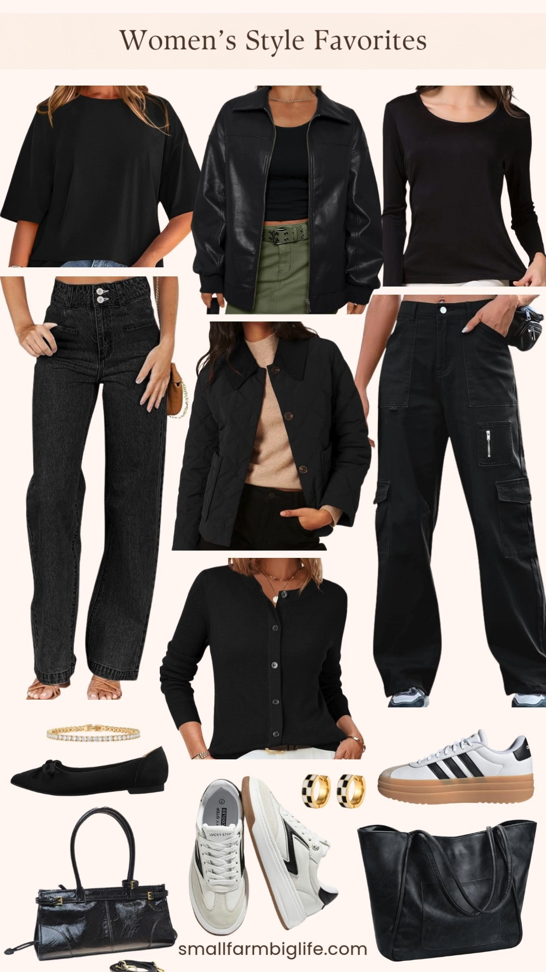 All black, but never boring 🖤 These women’s style favorites mix elevated basics with everyday edge. Think an oversized black tee, silk blend long sleeve top, bomber and quilted barn jacket layered with black jeans or cargo pants. Finished with black and white sneakers, sleek black bags, checked hoop earrings, and a classic tennis bracelet for that effortless, wear anywhere look. 

 #LTKootd #LTKstorytime #LTKOver40