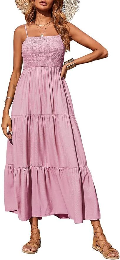 PRETTYGARDEN Women's Summer Maxi Dress Casual Boho Sleeveless Spaghetti Strap Smocked Tiered Long... | Amazon (US)