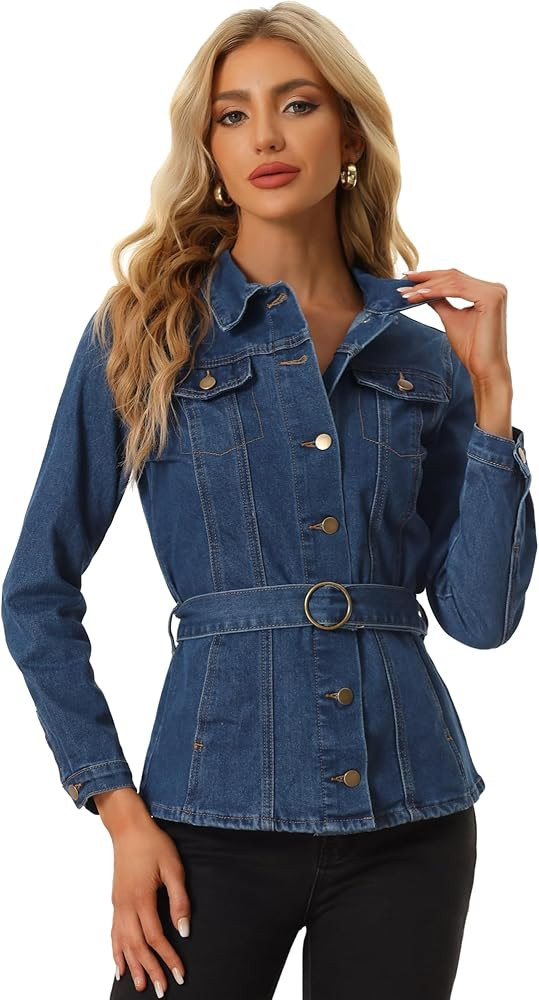 Allegra K Casual Denim Jacket for Women's Button Up Long Sleeve Washed Jean Jackets with Belt | Amazon (US)