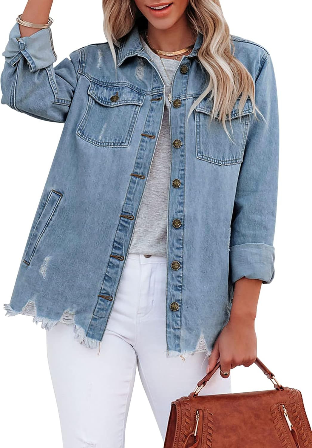 Angerella Women's Denim Jacket Casual Long Sleeve Boyfriend Distressed Buttton Down Jean Jacket C... | Amazon (US)