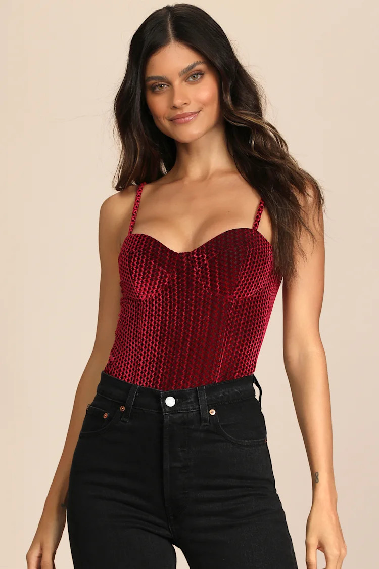 Flirty Feelings Burgundy Velvet Bustier Bodysuit | Lulus