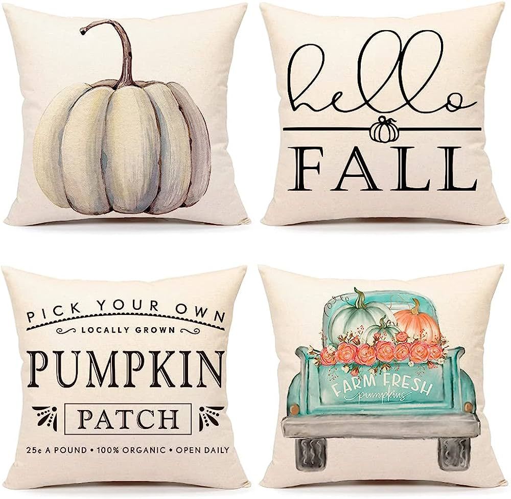 4TH Emotion Fall Decor Pillow Covers 18x18 Set of 4 White Pumpkin Farmhouse Decorations Throw Cus... | Amazon (US)