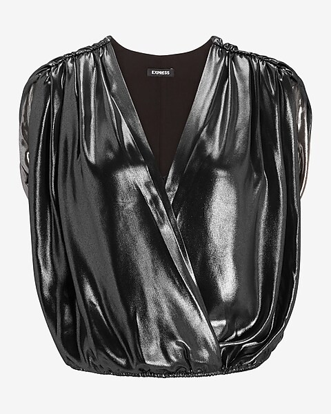 Metallic Foil Strong Shoulder Wrap Front Top | Express