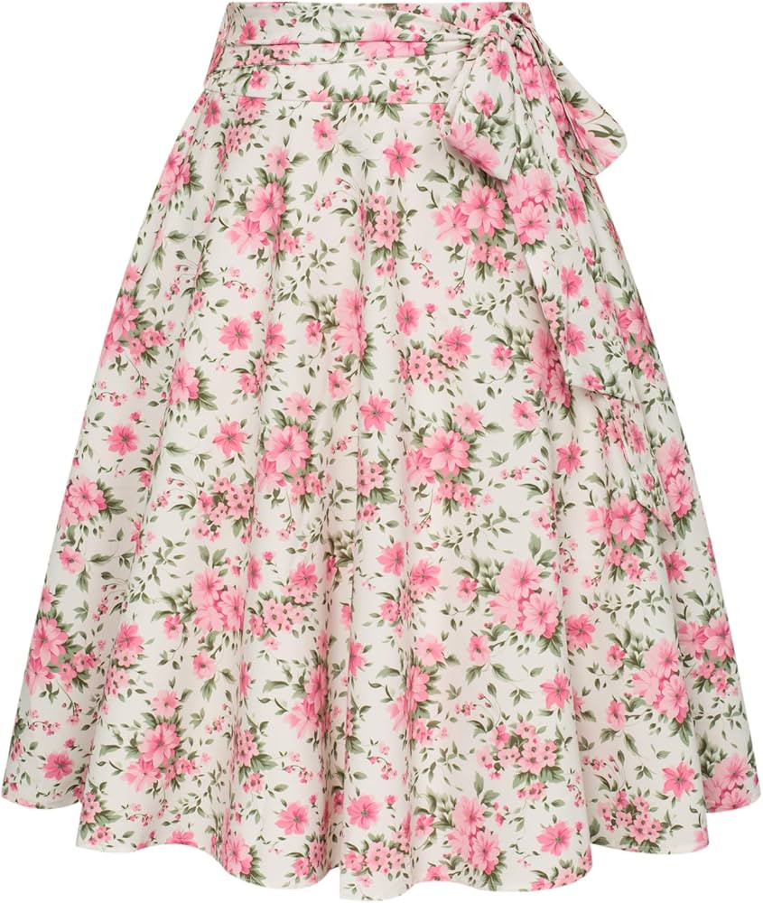 Belle Poque Floral Skirt Tea Party Vintage Swing Midi Skirts for Women Trendy Summer Pink Flower ... | Amazon (US)