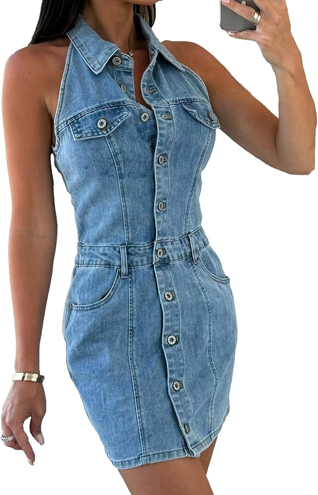 Womens Denim Dress Button Down Mini Denim Shirt Dress Western Sleeveless Bodycon Jean Dresses for... | Amazon (US)