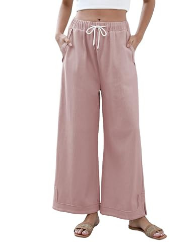 Athlisan Womens Baggy Wide Leg Palazzo Pants Casual Loose Drawstring Elastic Waisted Lounge Trousers with Pockets(Pink-XS) | Amazon (US)