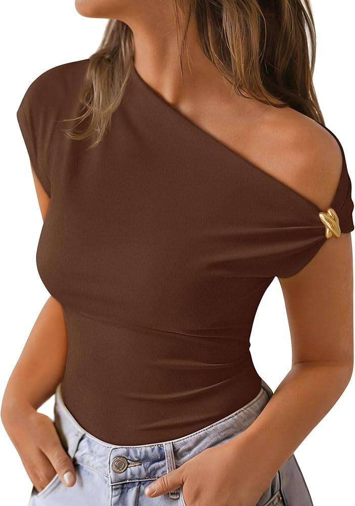 ZESICA Women's 2026 Summer Off Shoulder Tops Going Out Sexy Y2k Shirts Spring Cap Sleeve Ruched A... | Amazon (US)