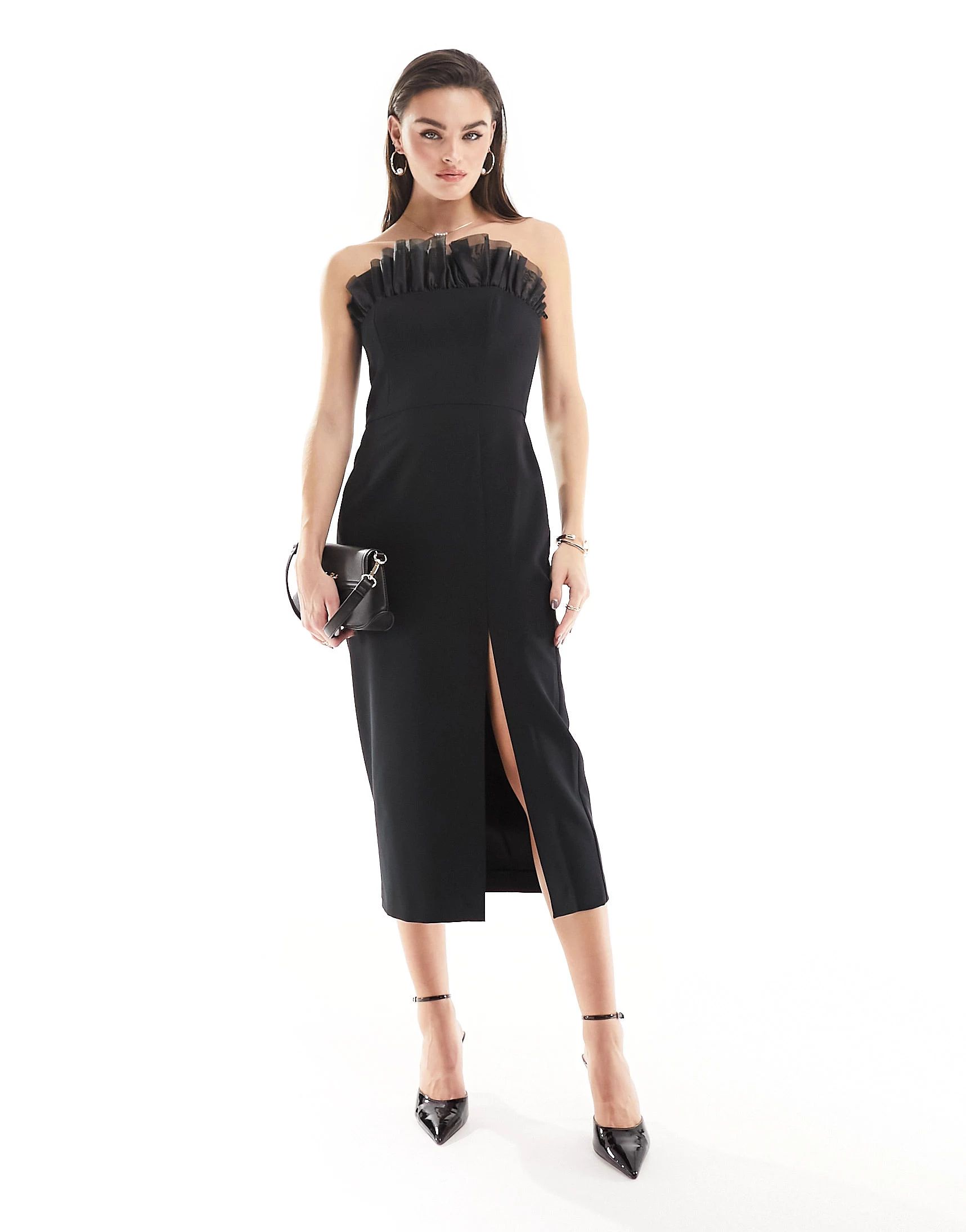 French Connection Echo organza mix frill bandeau midi dress with thigh split in black | ASOS (Global)