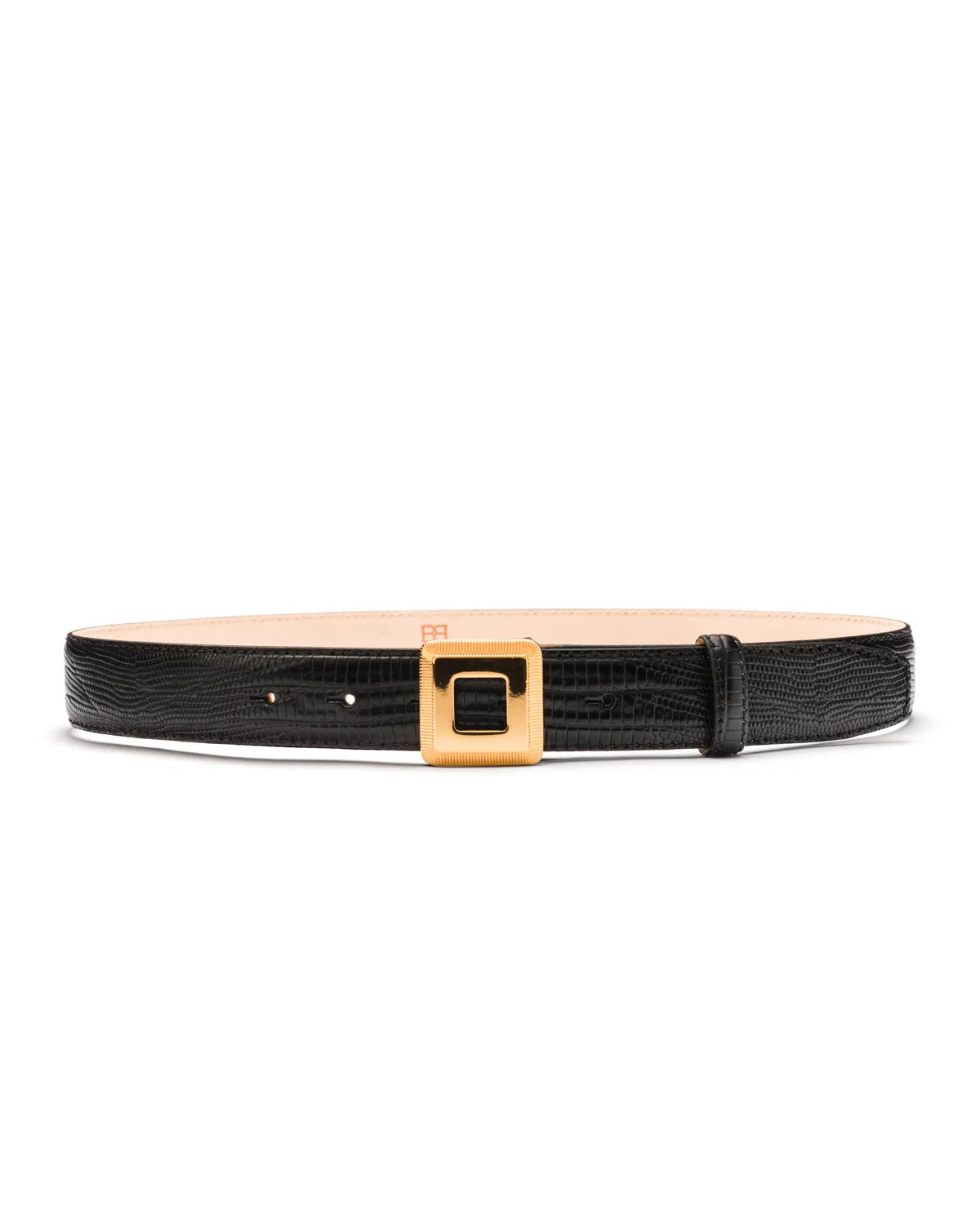 Adriana gold buckle black lizard print leather belt | Black & Brown London
