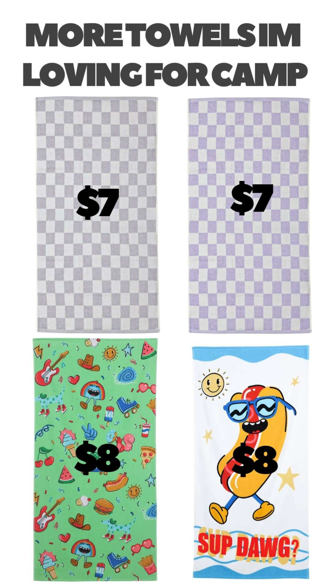 More towels that I love for camp.  Love these prints and love the price even more.  
Some are microfiber so they are really fast drying.  

 #LTKSaleAlert #LTKSwim #LTKKids