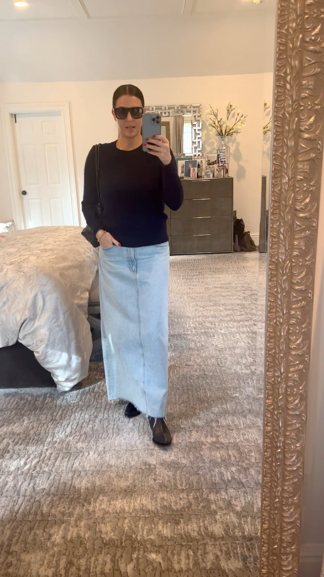 Spring look..my go to denim maxi skirt, and low boot. Can replace with a sandal
And a tee. 

#LTKFind #LTKtravel #LTKstyletip