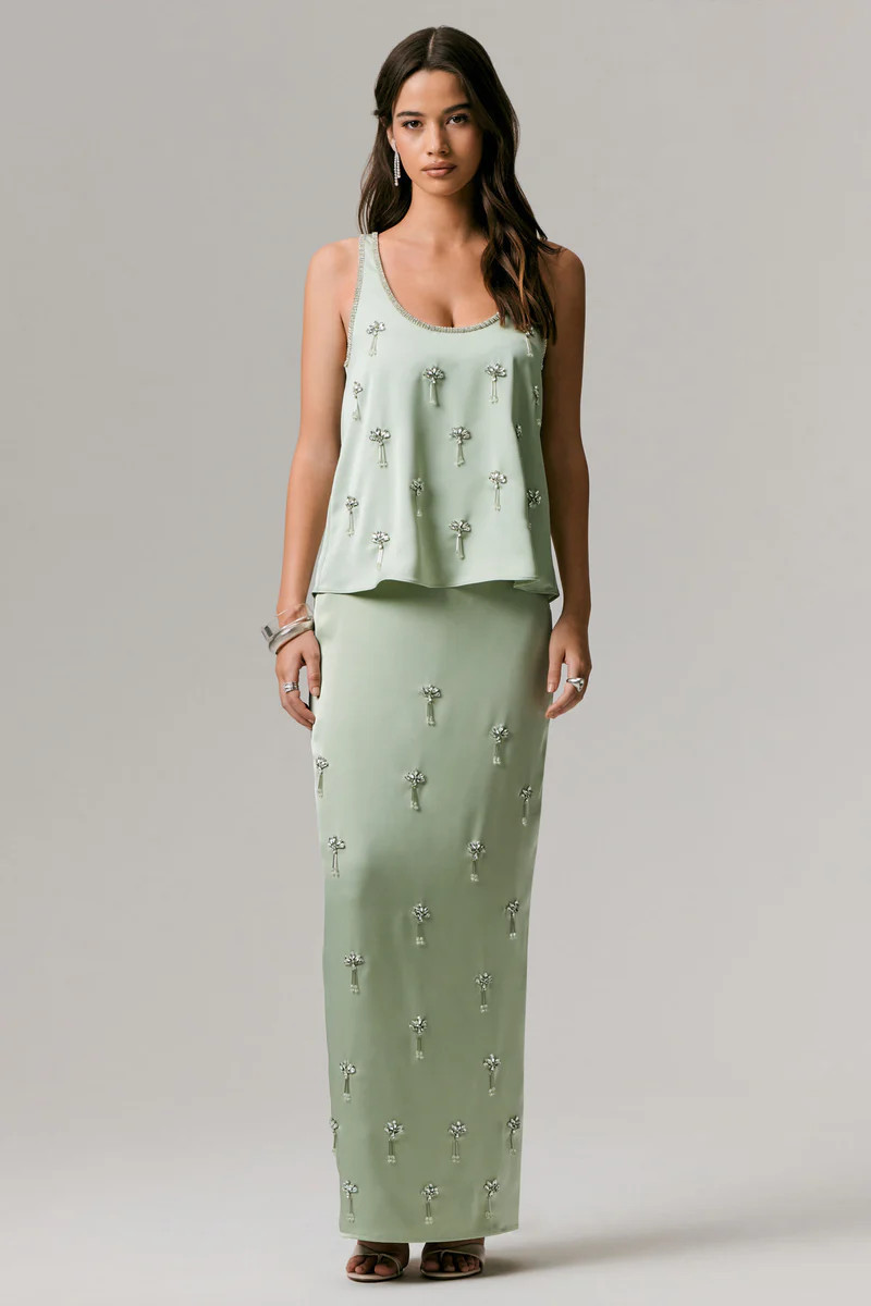 Lena | Mint Satin Embellished Maxi Skirt | Club L London